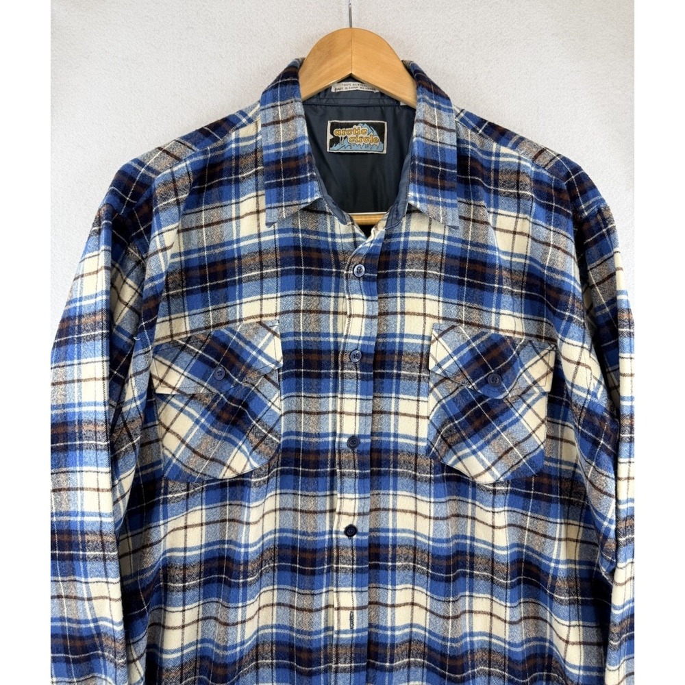 Vtg Arctic Circle Jacket Mens XL Blue Cream Brown Plaid Button Down Shacket